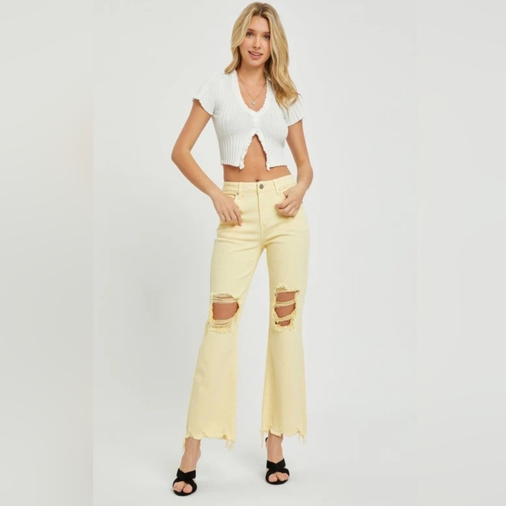 RISEN High Rise Straight Cropped Jeans Distressed Pale Yellow Spring 9/29 NWT